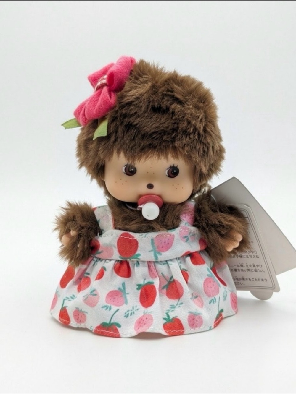 Monchhichi Baby Doll in Brown with Pink Flower and Strawberry Dress
